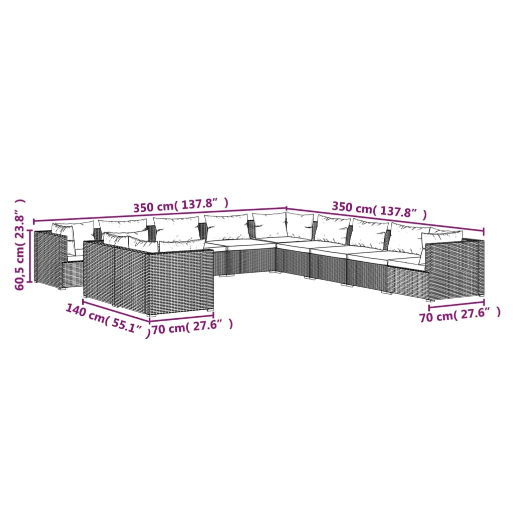 11 pcs conjunto lounge de jardim c/ almofadões vime PE cinzento - Leva - Me - Contigo