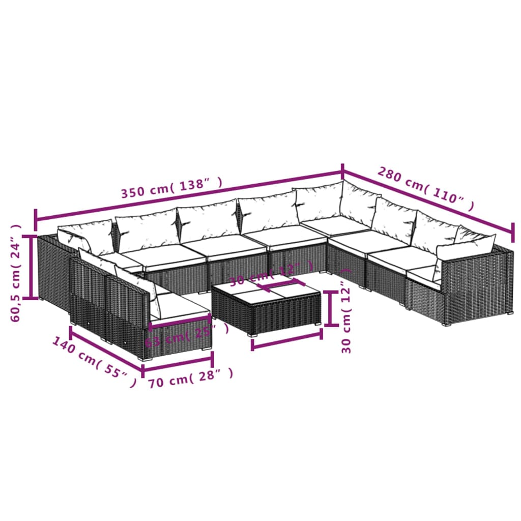 11 pcs conjunto lounge de jardim c/ almofadões vime PE cinzento - Leva - Me - Contigo