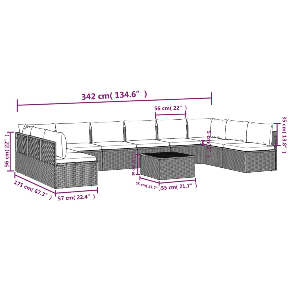 11 pcs conjunto lounge de jardim c/ almofadões vime PE cinzento - Leva - Me - Contigo