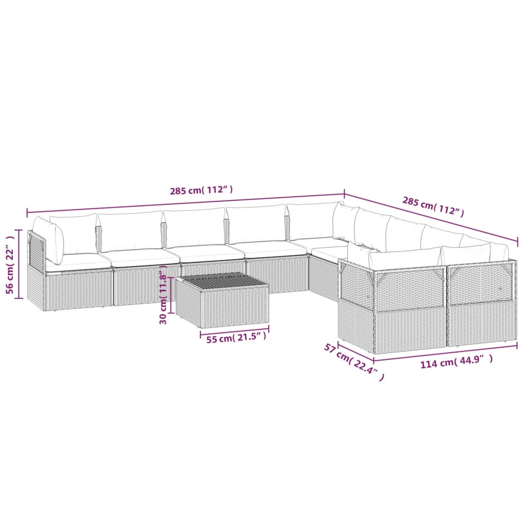 11 pcs conjunto lounge de jardim c/ almofadões vime PE cinzento - Leva - Me - Contigo