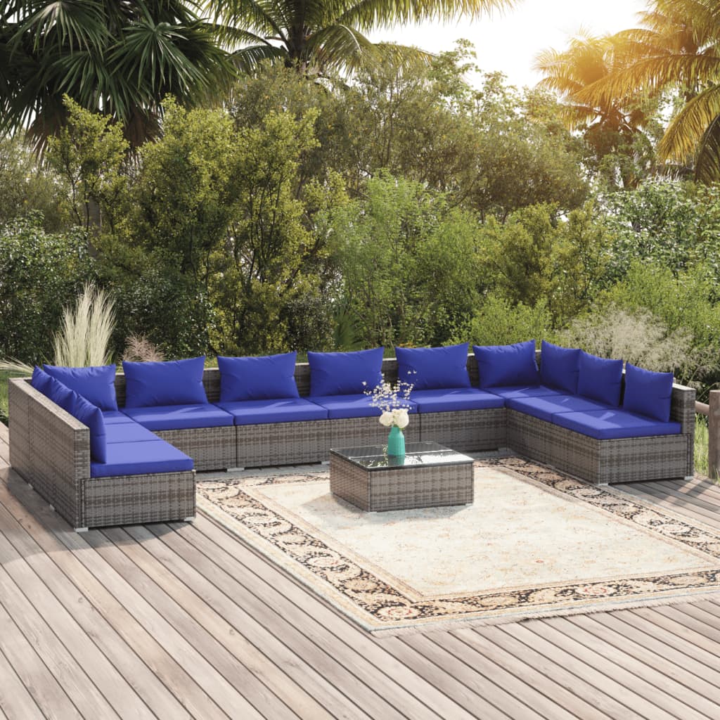 11 pcs conjunto lounge de jardim c/ almofadões vime PE cinzento - Leva - Me - Contigo