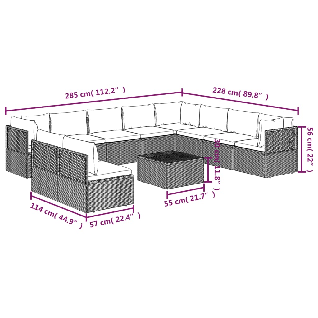 11 pcs conjunto lounge de jardim c/ almofadões vime PE cinzento - Leva - Me - Contigo