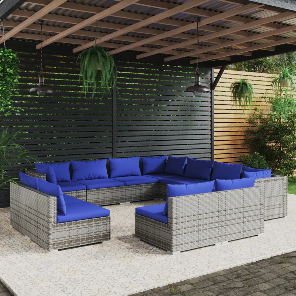 11 pcs conjunto lounge de jardim c/ almofadões vime PE cinzento - Leva - Me - Contigo