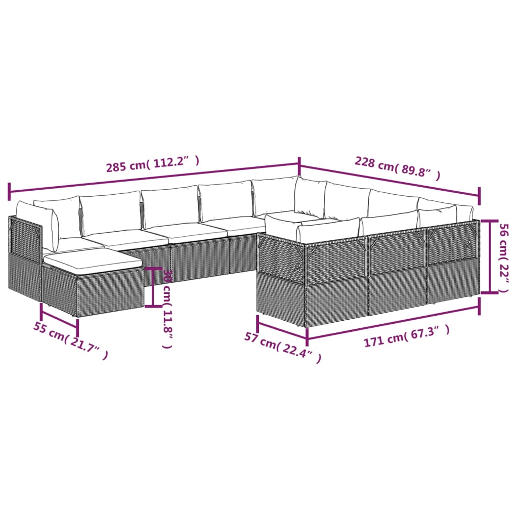 11 pcs conjunto lounge de jardim c/ almofadões vime PE cinzento - Leva - Me - Contigo