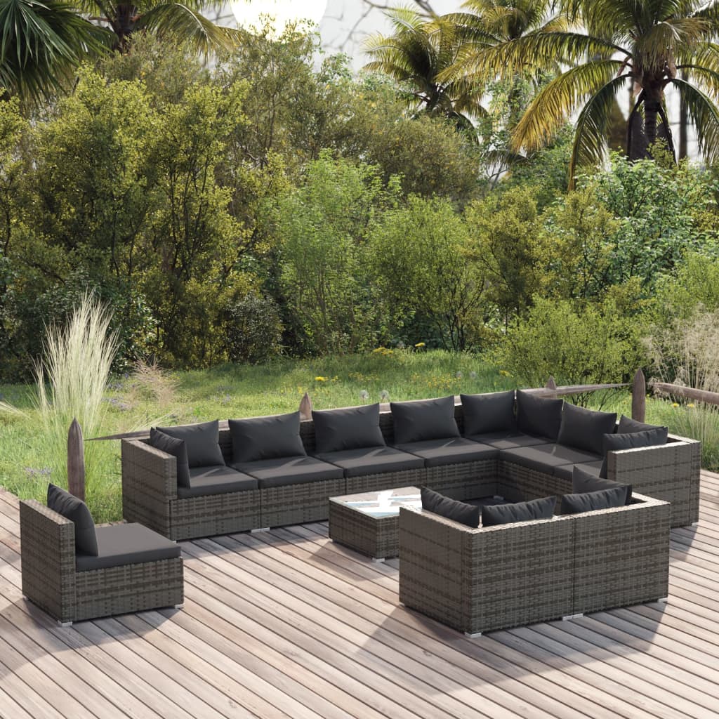 11 pcs conjunto lounge de jardim c/ almofadões vime PE cinzento - Leva - Me - Contigo