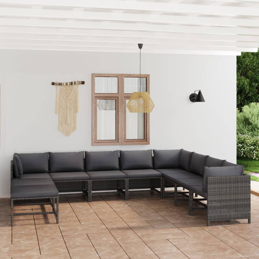 11 pcs conjunto lounge de jardim c/ almofadões vime PE cinzento - Leva - Me - Contigo