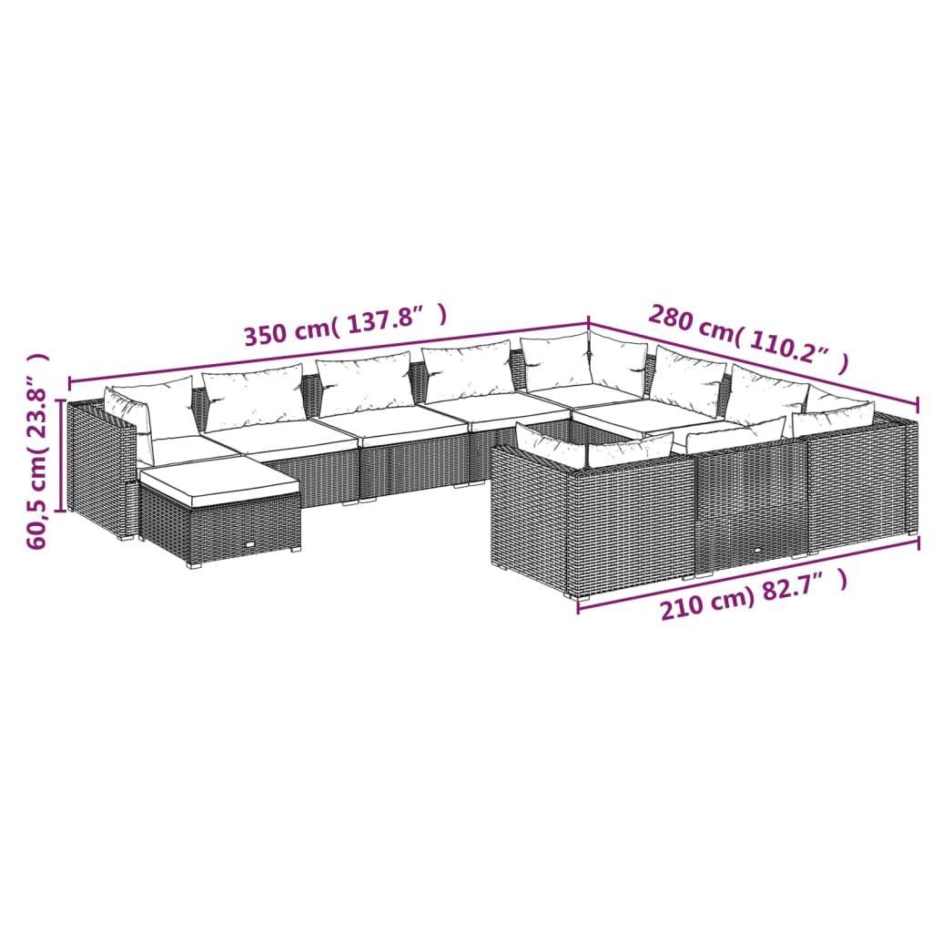 11 pcs conjunto lounge de jardim c/ almofadões vime PE cinzento - Leva - Me - Contigo