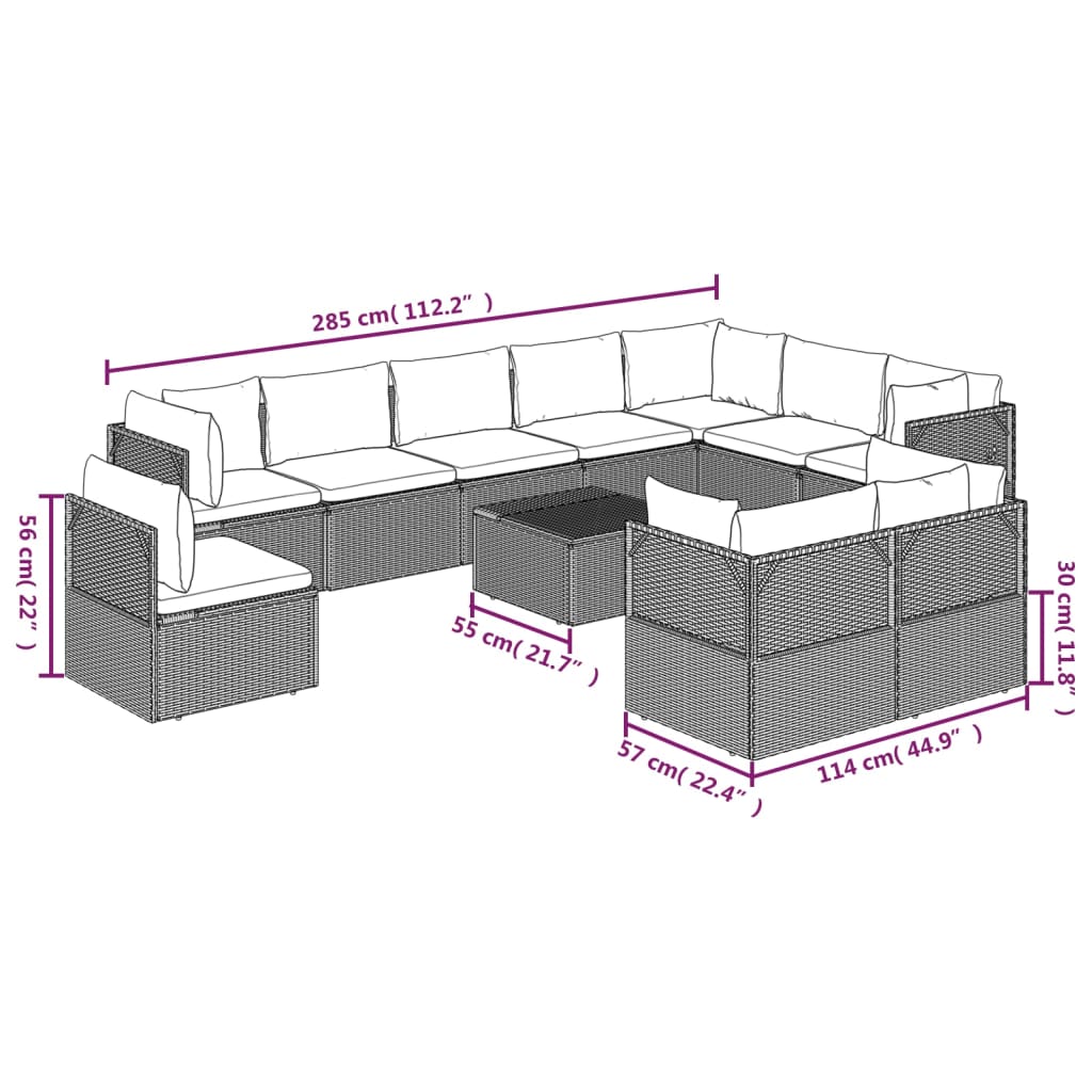 11 pcs conjunto lounge de jardim c/ almofadões vime PE cinzento - Leva - Me - Contigo