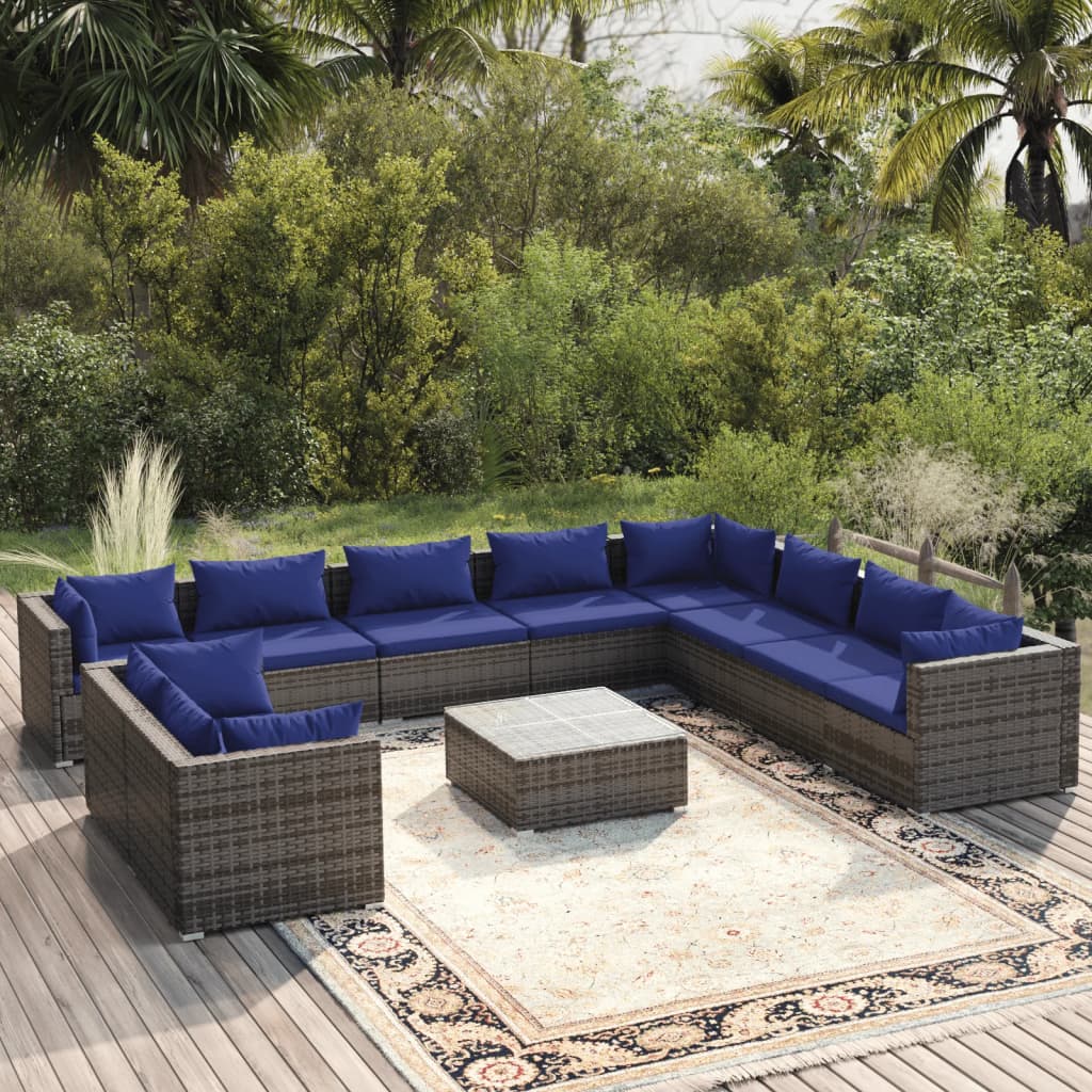 11 pcs conjunto lounge de jardim c/ almofadões vime PE cinzento - Leva - Me - Contigo