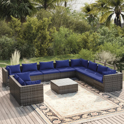 11 pcs conjunto lounge de jardim c/ almofadões vime PE cinzento - Leva - Me - Contigo