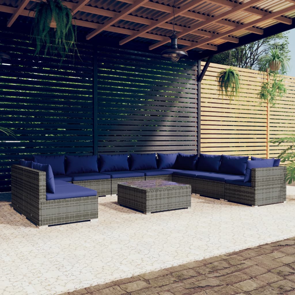 11 pcs conjunto lounge de jardim c/ almofadões vime PE cinzento - Leva - Me - Contigo