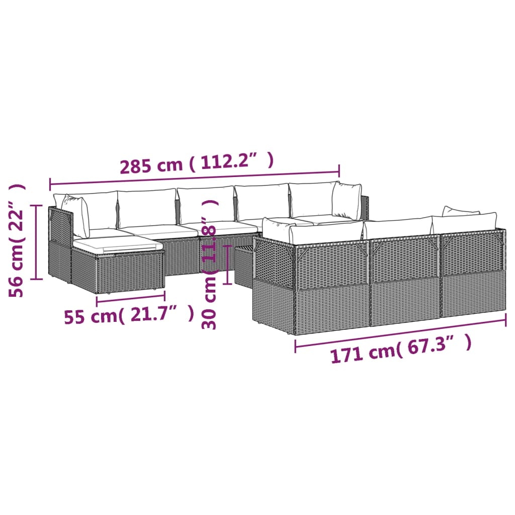 11 pcs conjunto lounge de jardim c/ almofadões vime PE cinzento - Leva - Me - Contigo