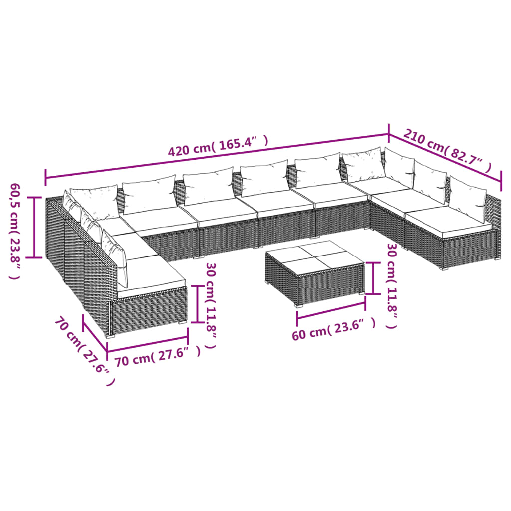 11 pcs conjunto lounge de jardim c/ almofadões vime PE cinzento - Leva - Me - Contigo