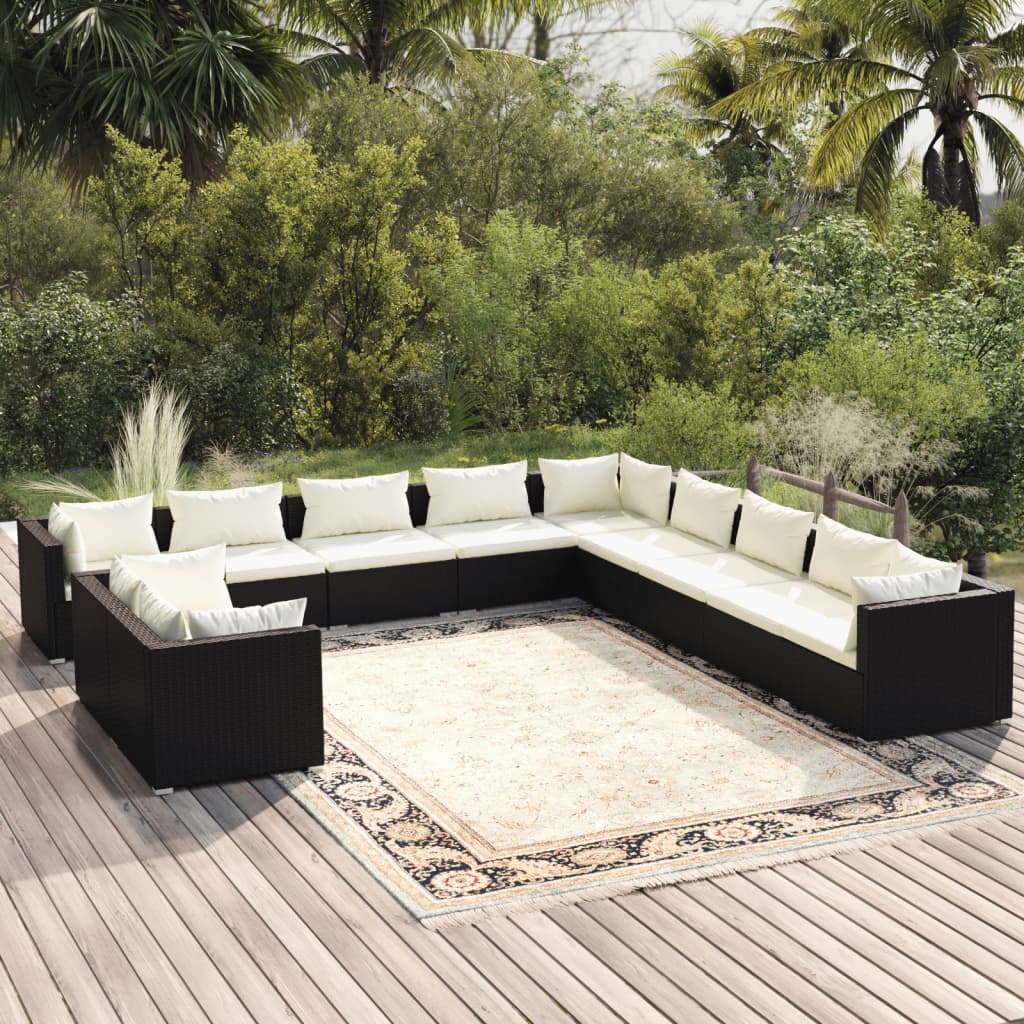 11 pcs conjunto lounge de jardim c/ almofadões vime PE preto - Leva - Me - Contigo