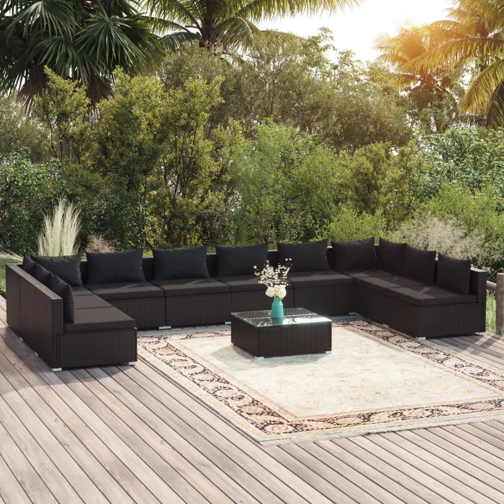 11 pcs conjunto lounge de jardim c/ almofadões vime PE preto - Leva - Me - Contigo