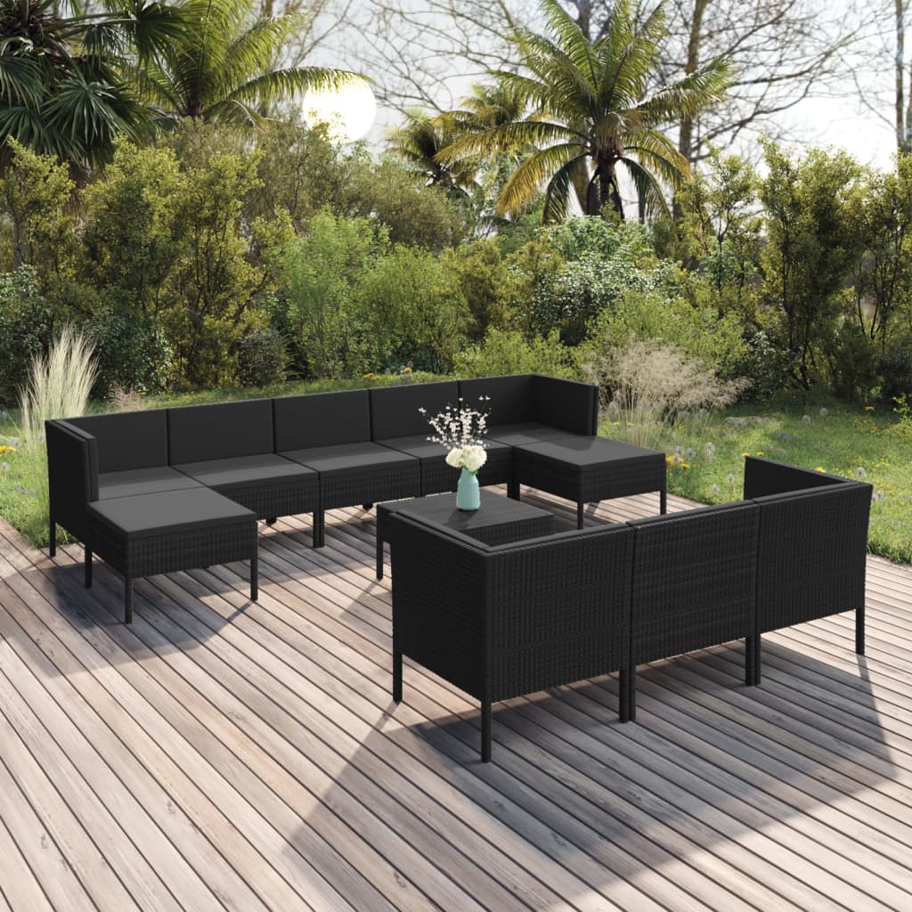 11 pcs conjunto lounge de jardim c/ almofadões vime PE preto - Leva - Me - Contigo