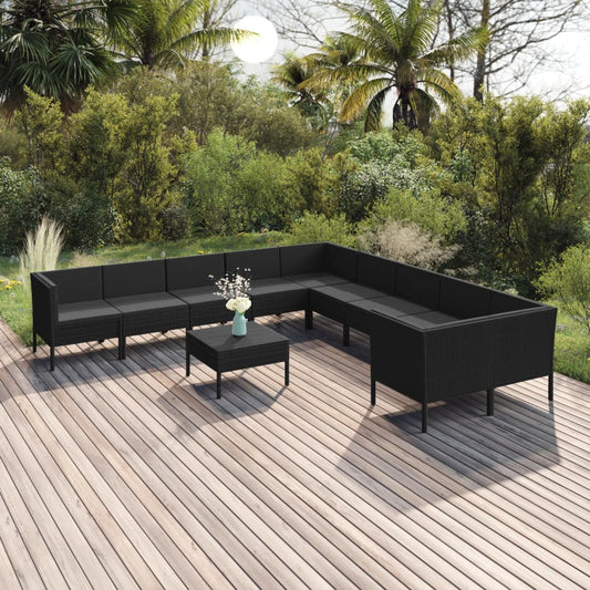 11 pcs conjunto lounge de jardim c/ almofadões vime PE preto - Leva - Me - Contigo