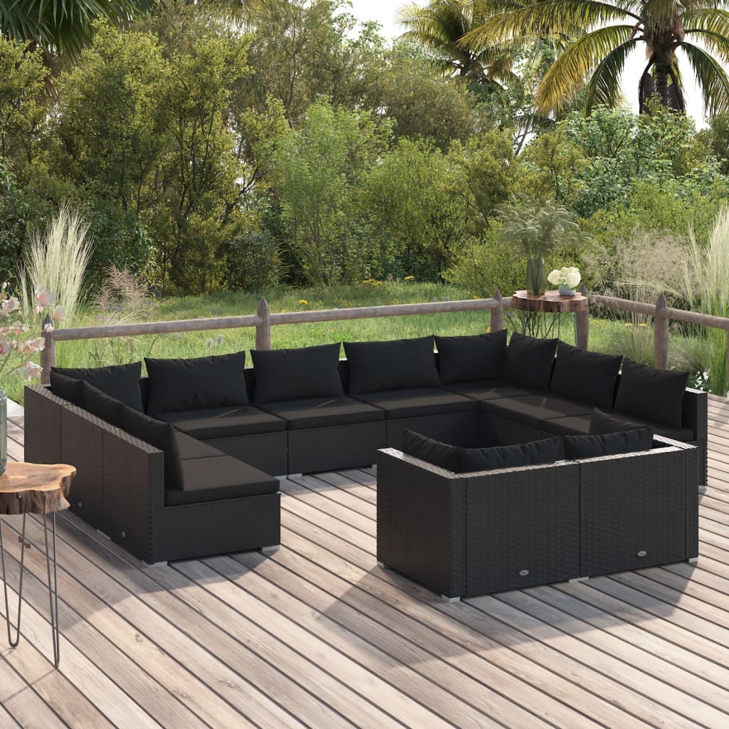 11 pcs conjunto lounge de jardim c/ almofadões vime PE preto - Leva - Me - Contigo