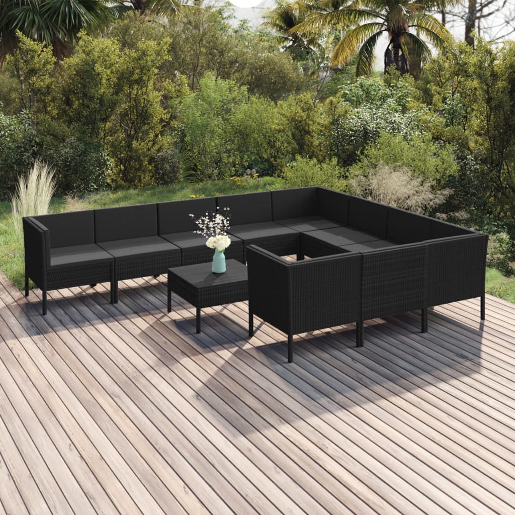 11 pcs conjunto lounge de jardim c/ almofadões vime PE preto - Leva - Me - Contigo