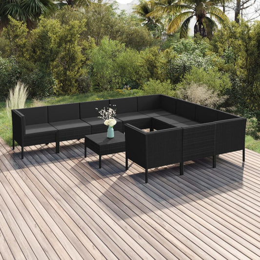 11 pcs conjunto lounge de jardim c/ almofadões vime PE preto - Leva - Me - Contigo