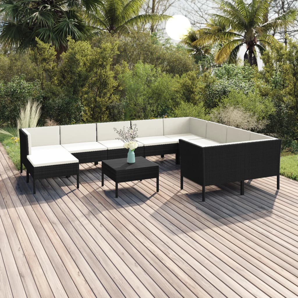 11 pcs conjunto lounge de jardim c/ almofadões vime PE preto - Leva - Me - Contigo