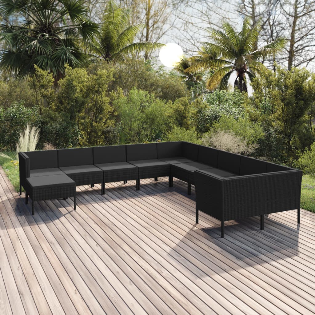 11 pcs conjunto lounge de jardim c/ almofadões vime PE preto - Leva - Me - Contigo