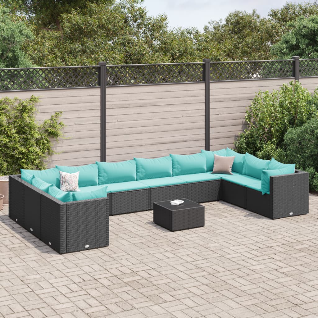 11 pcs conjunto lounge de jardim c/ almofadões vime PE preto - Leva - Me - Contigo