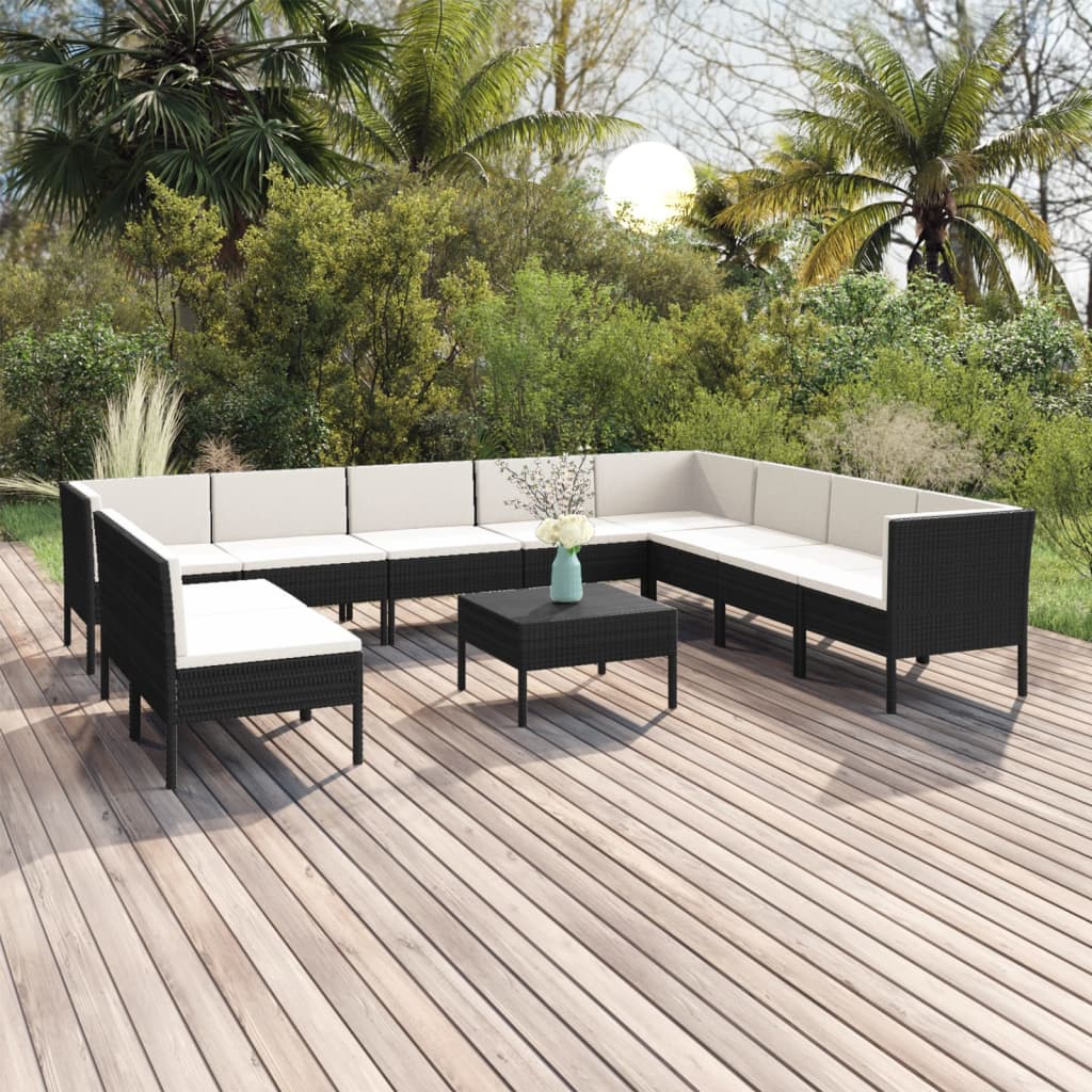 11 pcs conjunto lounge de jardim c/ almofadões vime PE preto - Leva - Me - Contigo