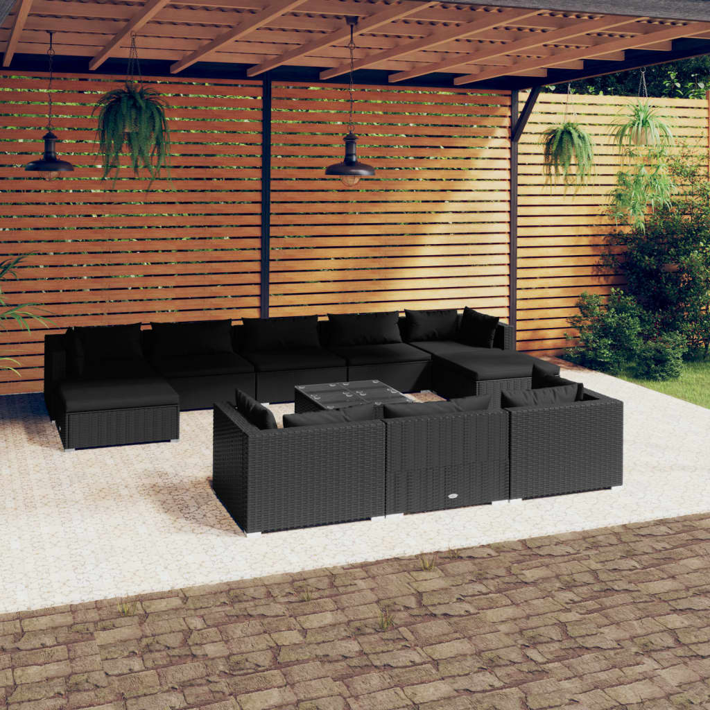 11 pcs conjunto lounge de jardim c/ almofadões vime PE preto - Leva - Me - Contigo