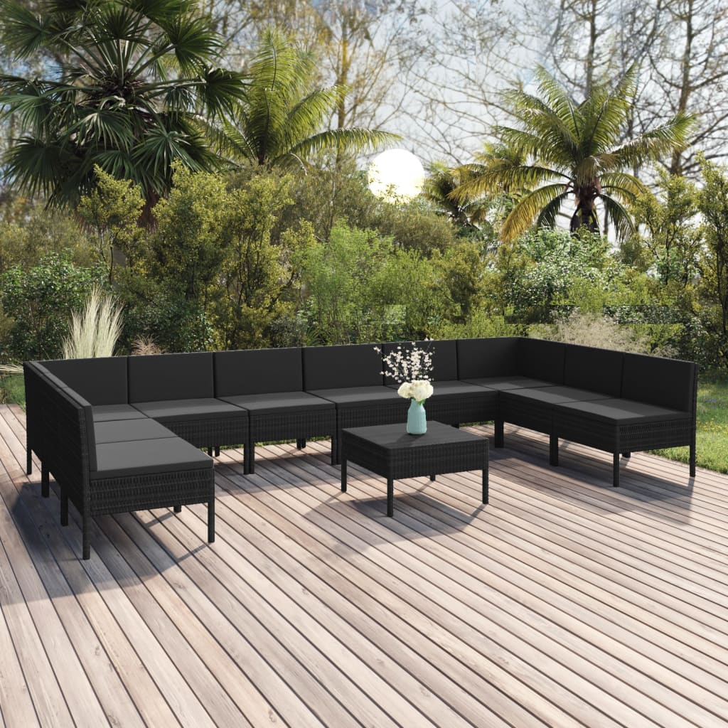 11 pcs conjunto lounge de jardim c/ almofadões vime PE preto - Leva - Me - Contigo