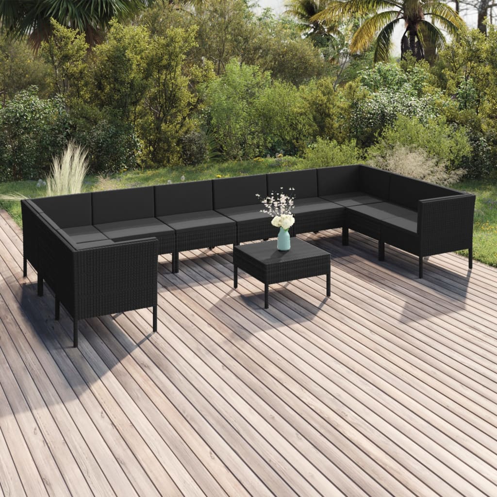 11 pcs conjunto lounge de jardim c/ almofadões vime PE preto - Leva - Me - Contigo