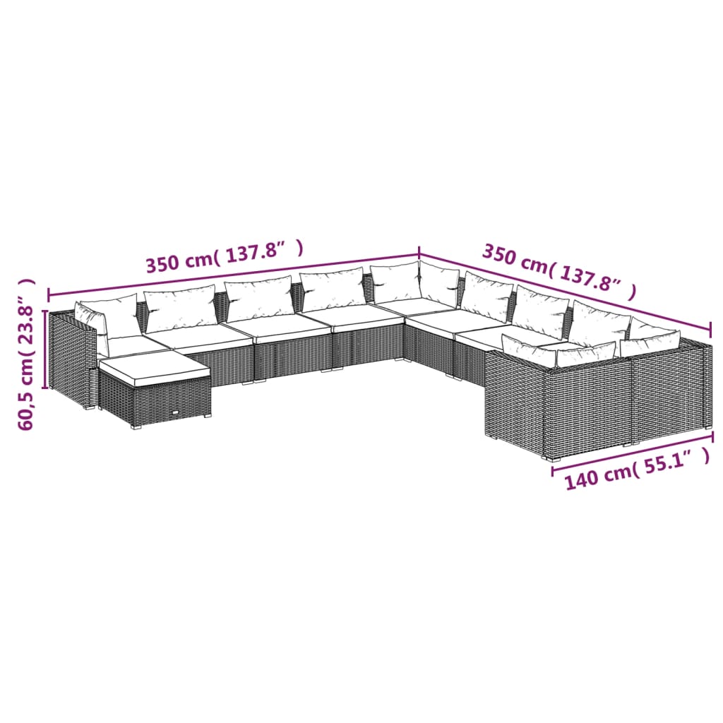 11 pcs conjunto lounge de jardim c/ almofadões vime PE preto - Leva - Me - Contigo