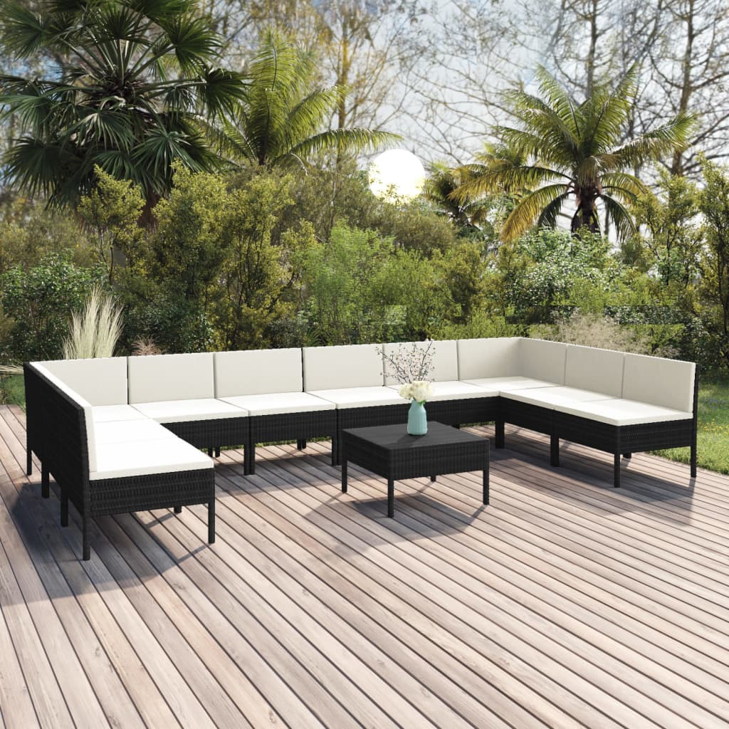 11 pcs conjunto lounge de jardim c/ almofadões vime PE preto - Leva - Me - Contigo