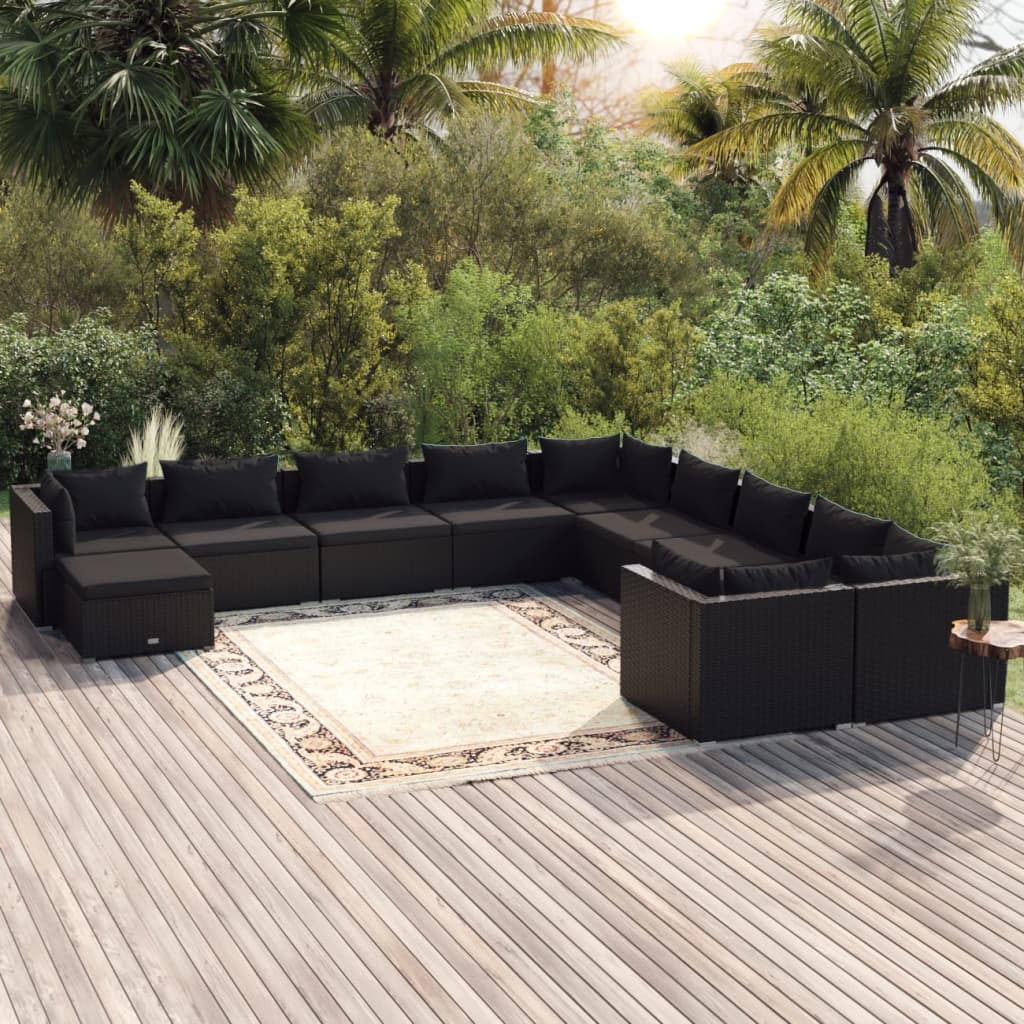 11 pcs conjunto lounge de jardim c/ almofadões vime PE preto - Leva - Me - Contigo