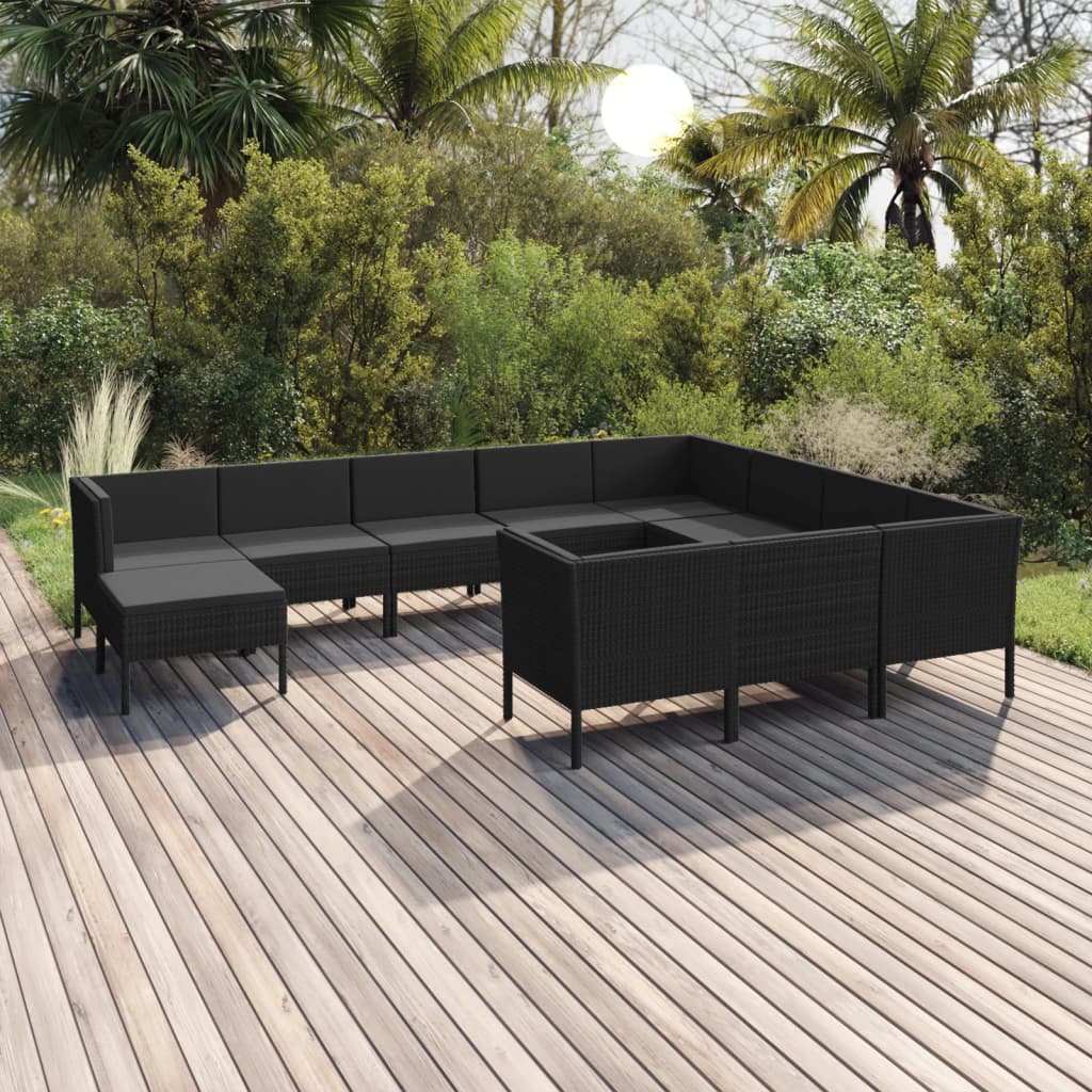 11 pcs conjunto lounge de jardim c/ almofadões vime PE preto - Leva - Me - Contigo