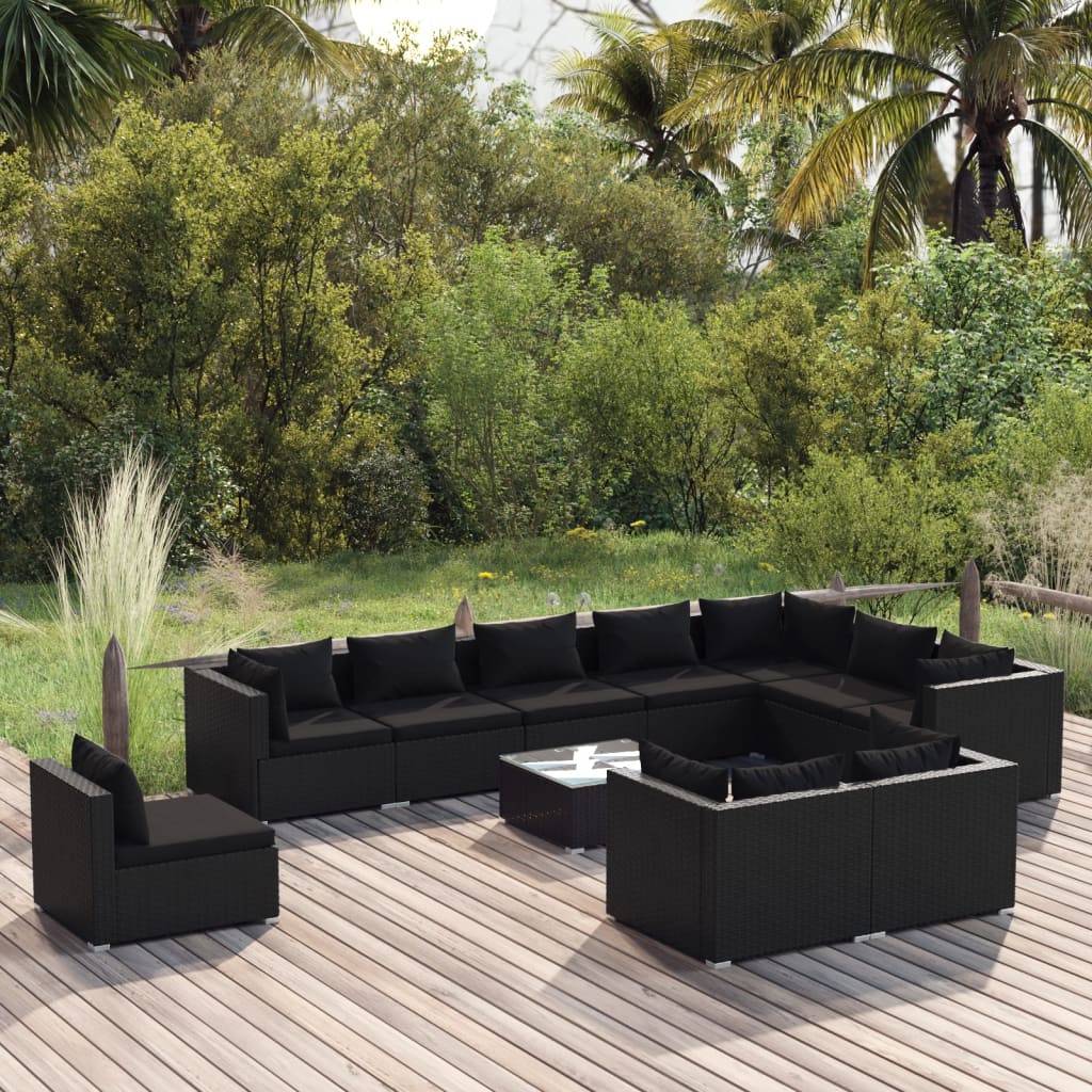 11 pcs conjunto lounge de jardim c/ almofadões vime PE preto - Leva - Me - Contigo