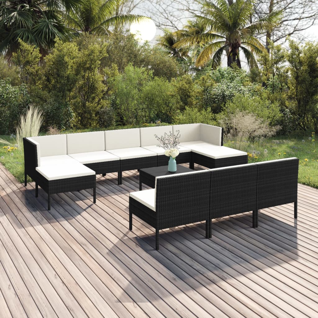 11 pcs conjunto lounge de jardim c/ almofadões vime PE preto - Leva - Me - Contigo