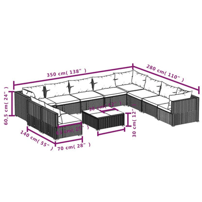 11 pcs conjunto lounge de jardim c/ almofadões vime PE preto - Leva - Me - Contigo