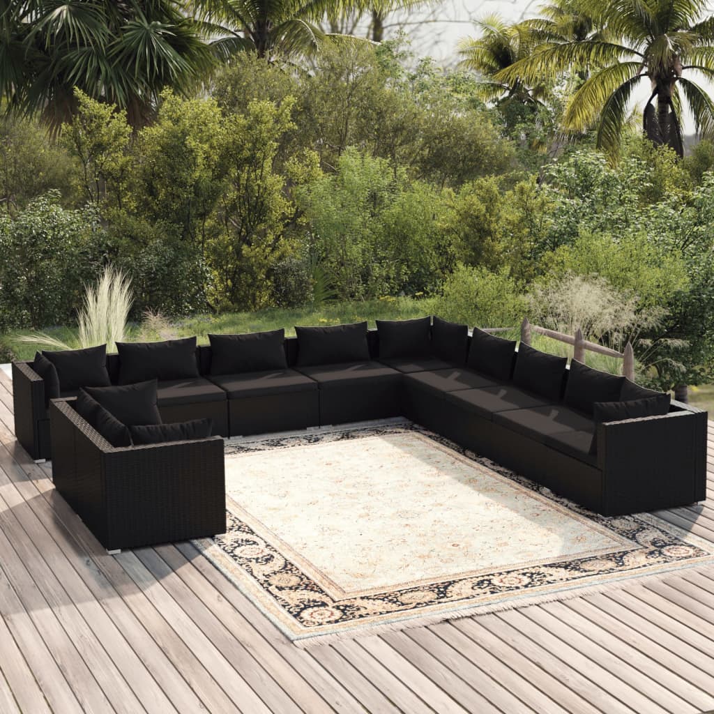 11 pcs conjunto lounge de jardim c/ almofadões vime PE preto - Leva - Me - Contigo