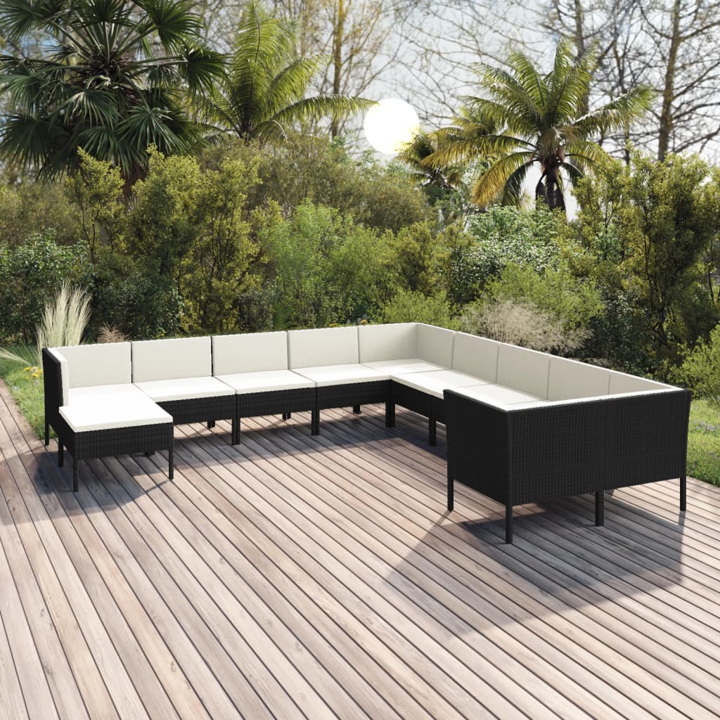 11 pcs conjunto lounge de jardim c/ almofadões vime PE preto - Leva - Me - Contigo