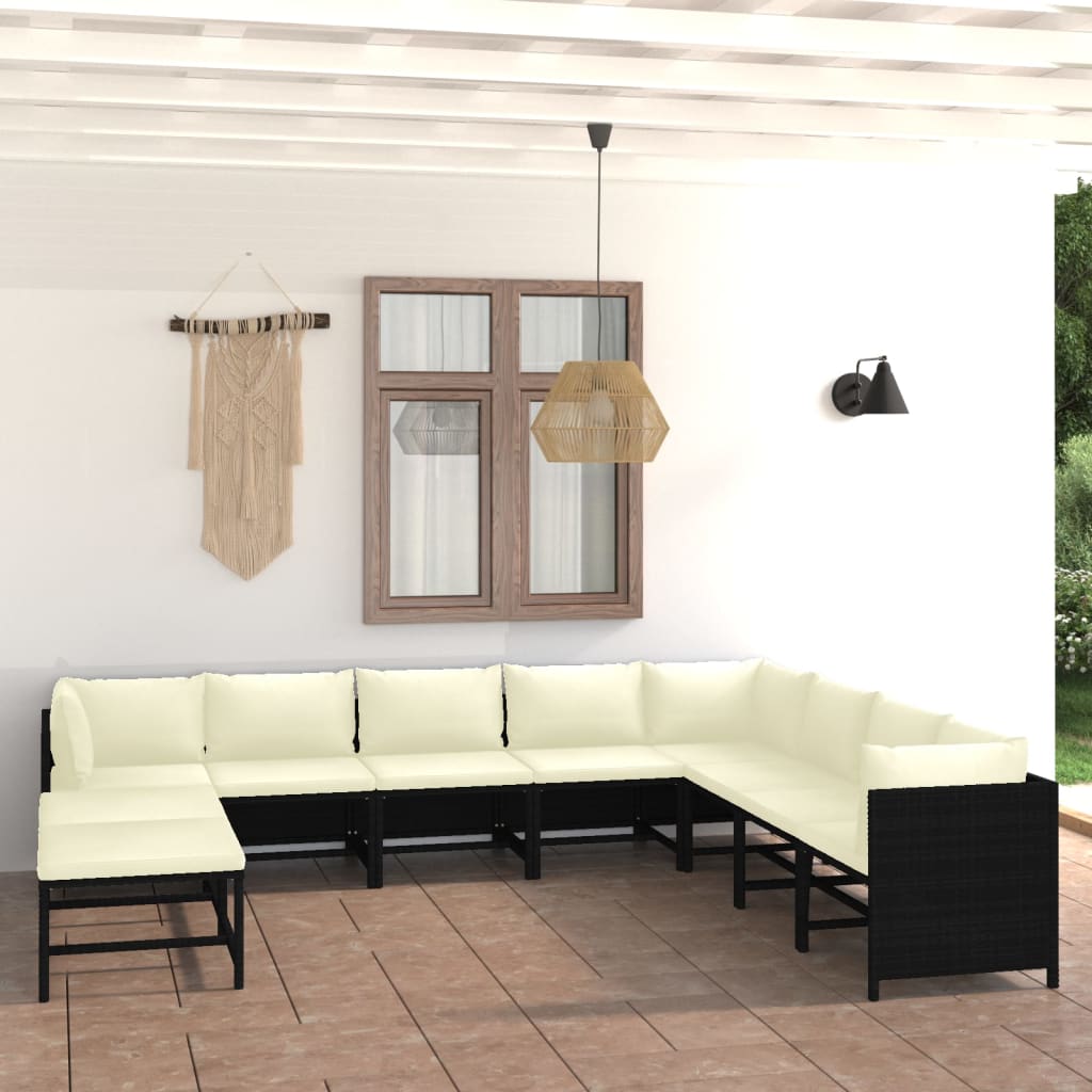 11 pcs conjunto lounge de jardim c/ almofadões vime PE preto - Leva - Me - Contigo