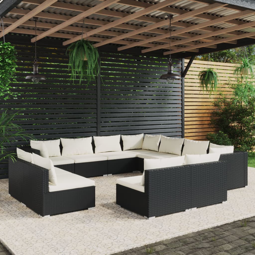 11 pcs conjunto lounge de jardim c/ almofadões vime PE preto - Leva - Me - Contigo