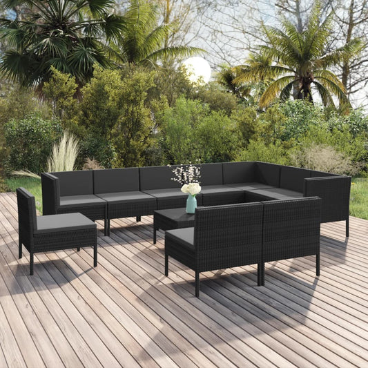 11 pcs conjunto lounge de jardim c/ almofadões vime PE preto - Leva - Me - Contigo