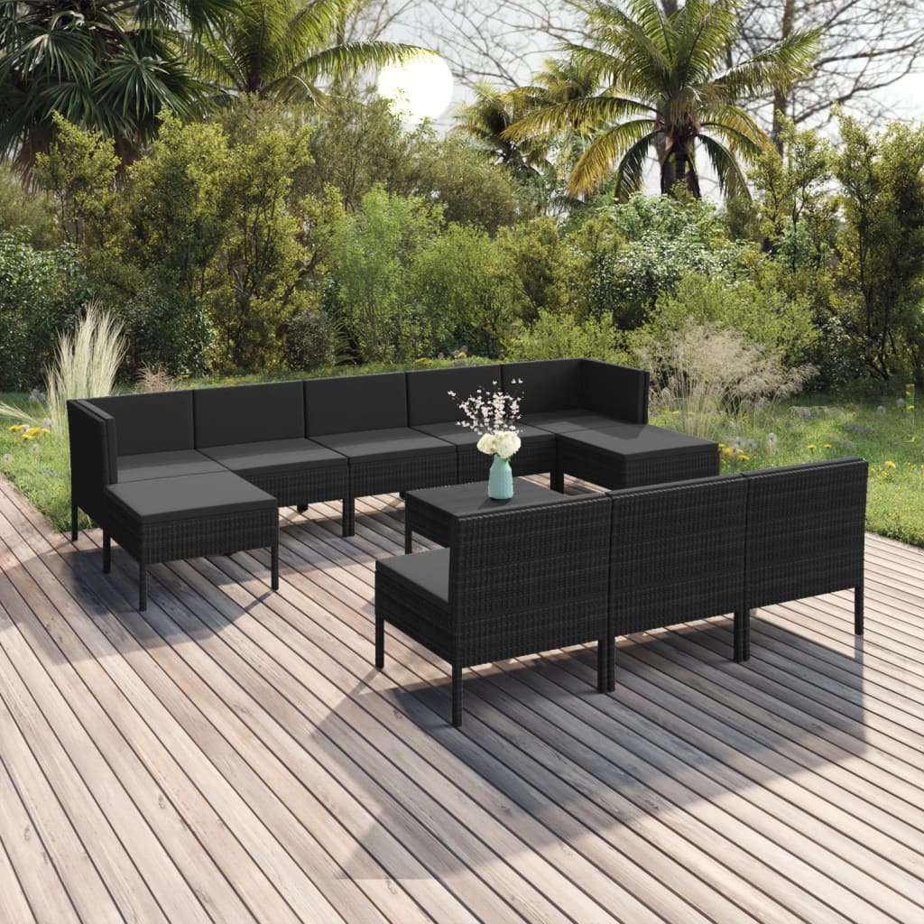 11 pcs conjunto lounge de jardim c/ almofadões vime PE preto - Leva - Me - Contigo