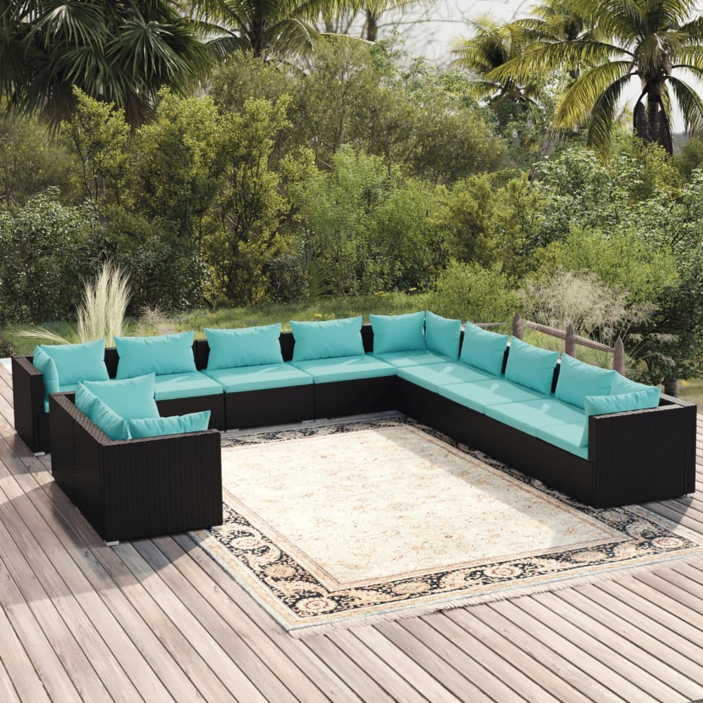 11 pcs conjunto lounge de jardim c/ almofadões vime PE preto - Leva - Me - Contigo