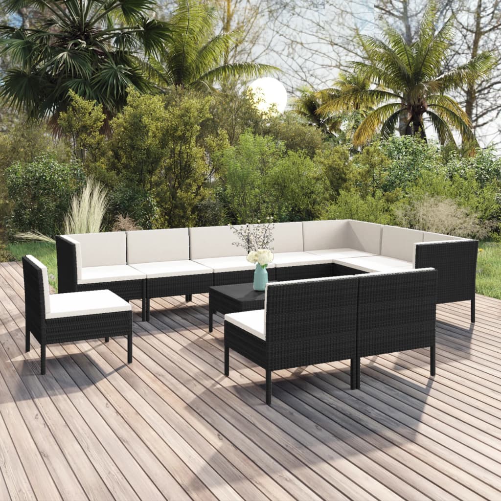 11 pcs conjunto lounge de jardim c/ almofadões vime PE preto - Leva - Me - Contigo