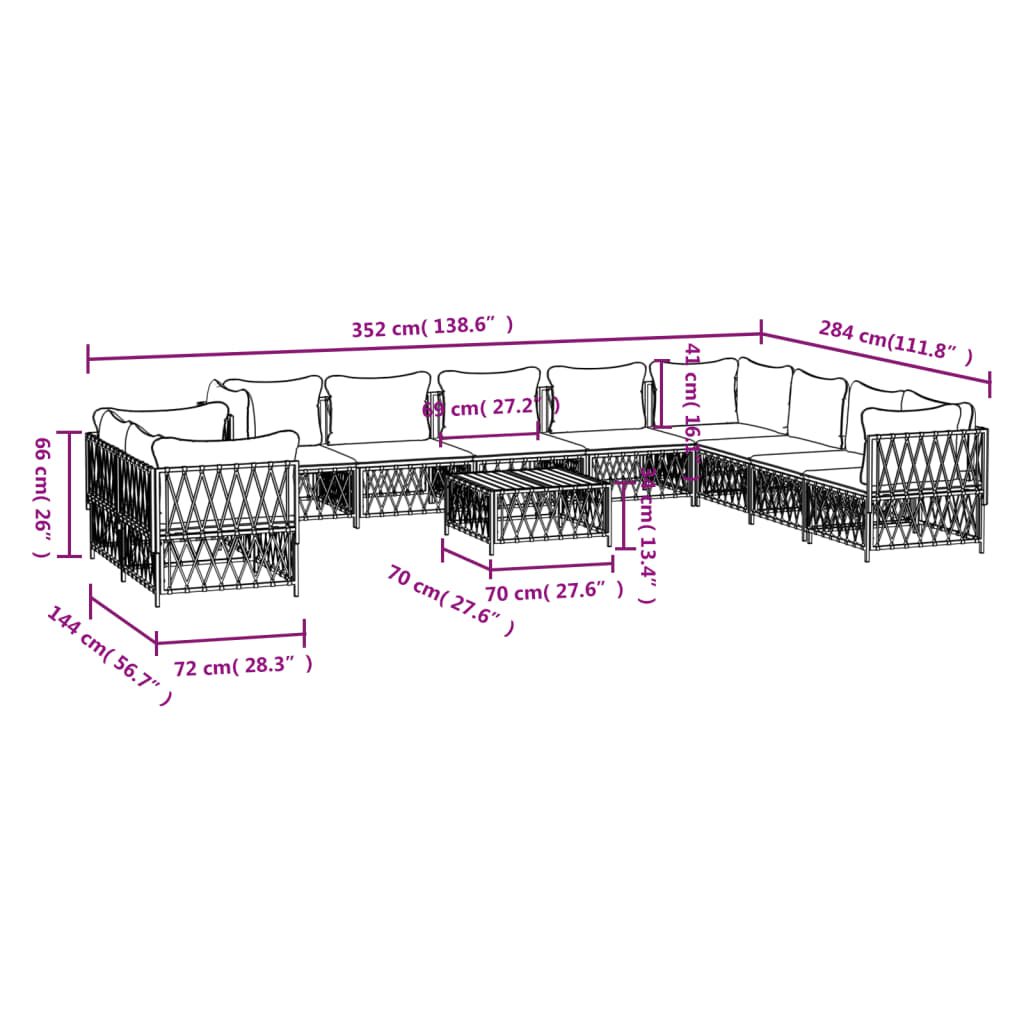 11 pcs conjunto lounge de jardim com almofadões aço branco - Leva - Me - Contigo