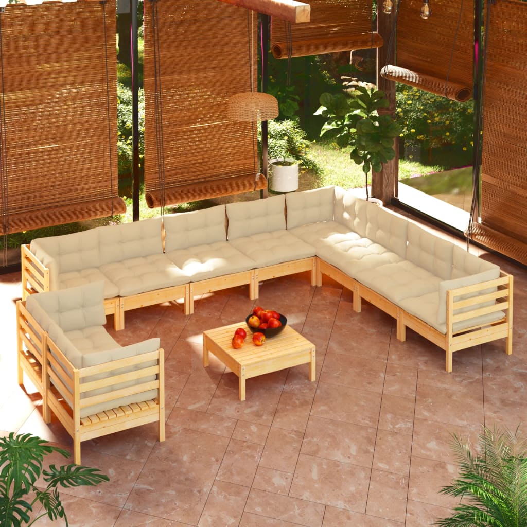 11 pcs conjunto lounge jardim c/ almofadões creme pinho maciço - Leva - Me - Contigo