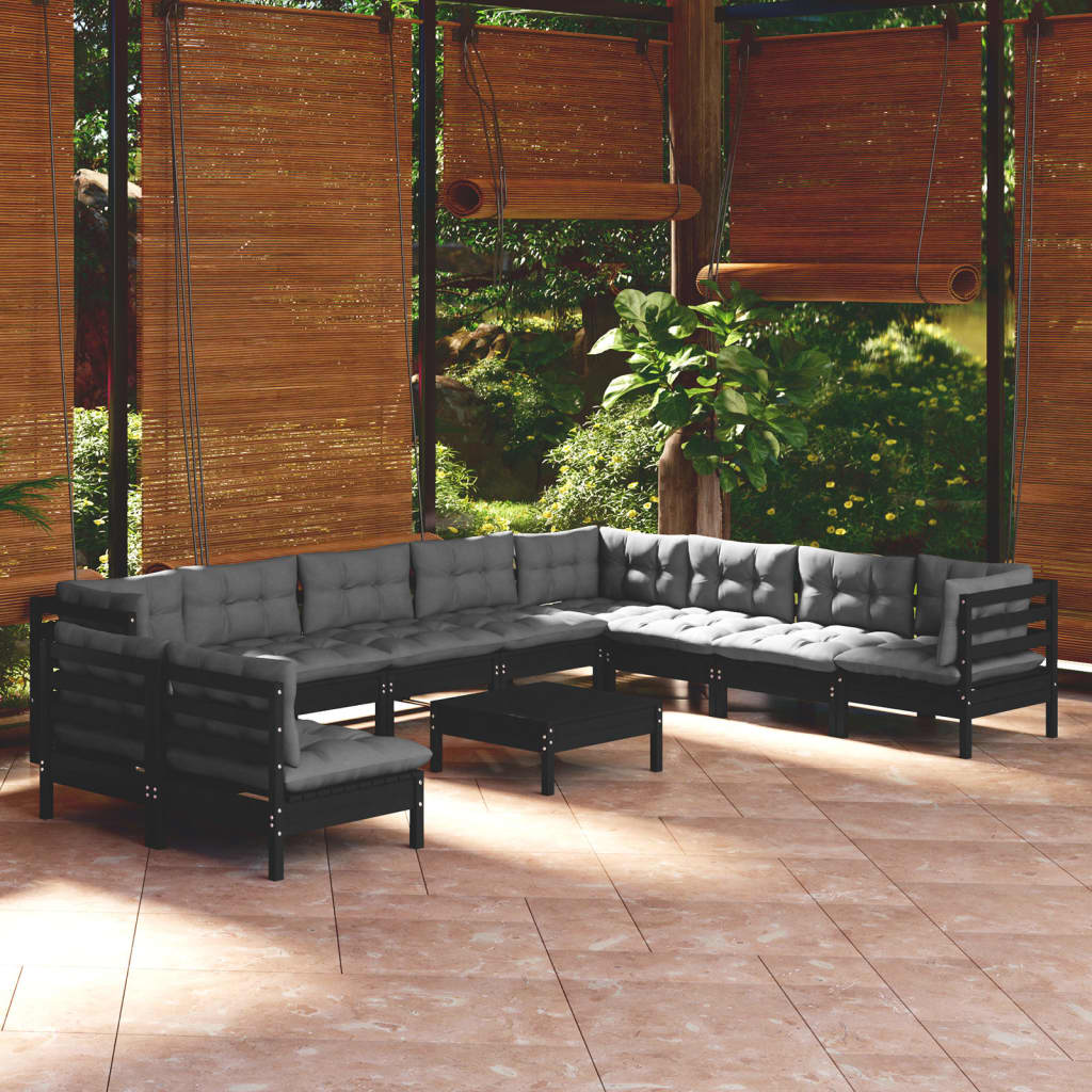 11 pcs conjunto lounge jardim c/ almofadões pinho maciço preto - Leva - Me - Contigo