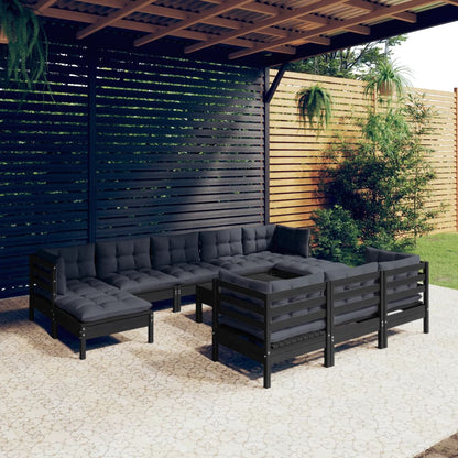 11 pcs conjunto lounge jardim c/ almofadões pinho maciço preto - Leva - Me - Contigo